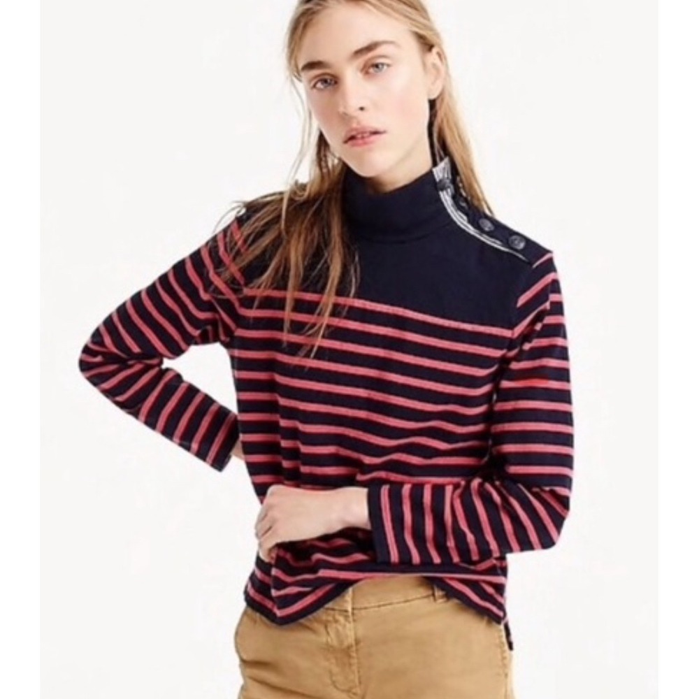 J.Crew Striped Button Shoulder Turtleneck Sweater Top Size Small‎ Navy/Red